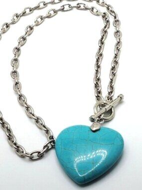 Turquoise Heart Faux Necklace Silver Tone Chain 18"